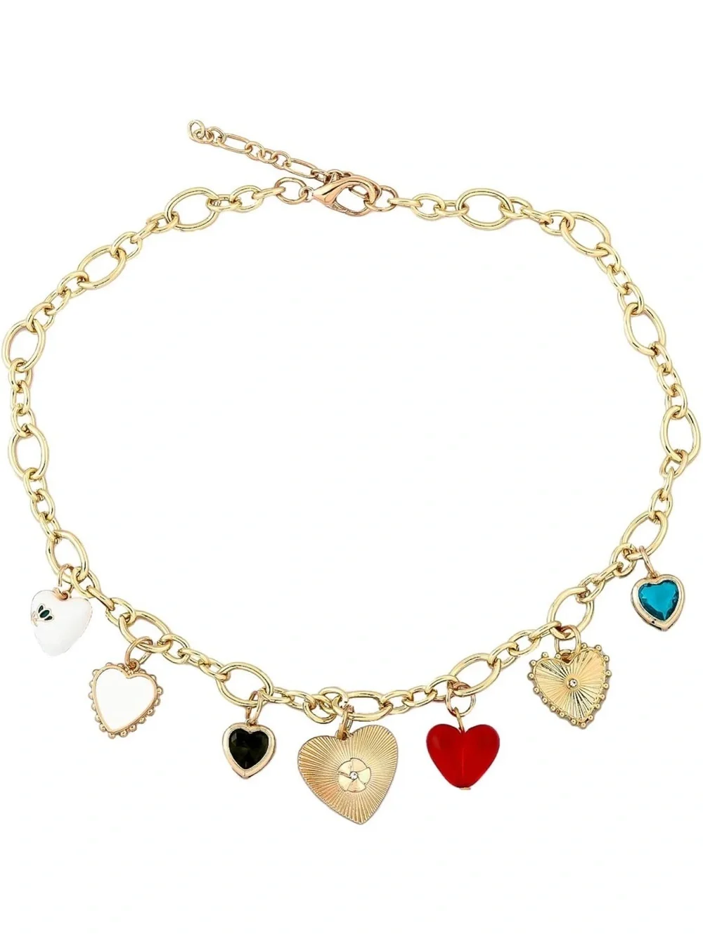 Anthropologie Gold Chain Necklace with Multicolor Heart Charms
